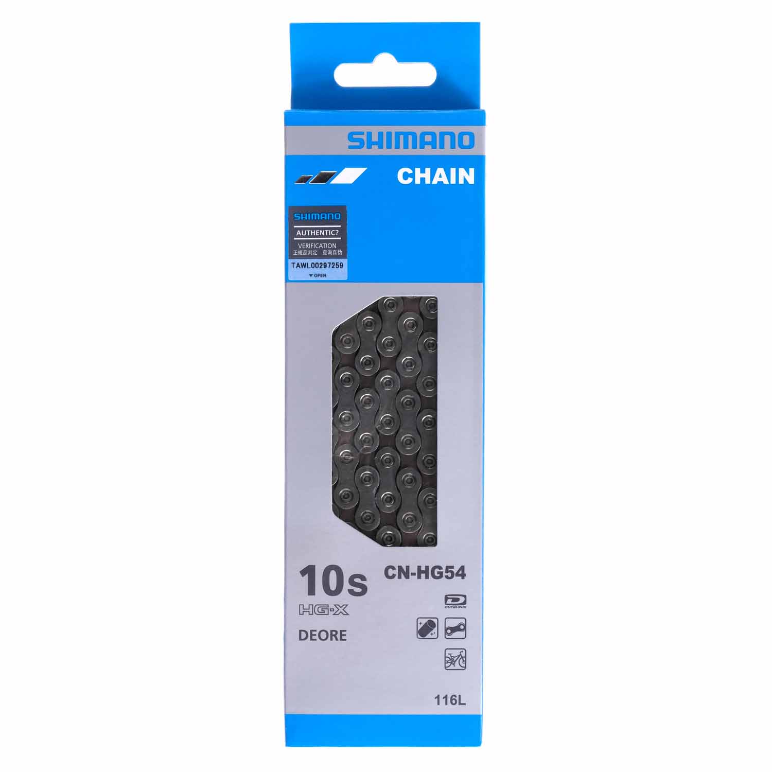 Цепь Shimano Deore, HG54, 10 скоростей, 116 звеньев, пин, серебристая
